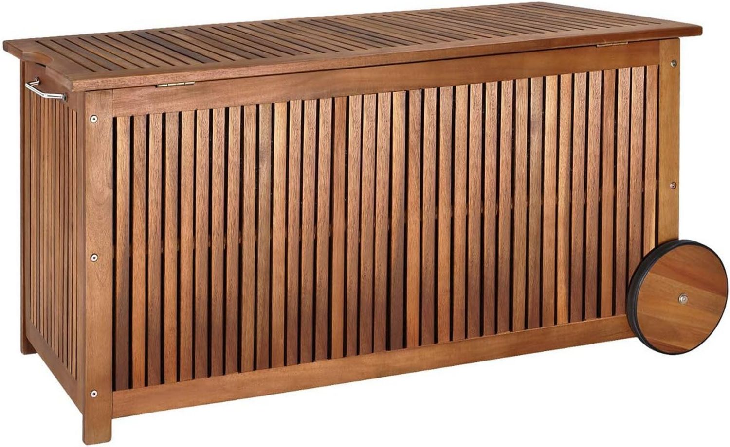 Hochwertige Gartenaufbewahrungsbox Holz 350L Deckel 160kg belastbar Raeder Griff Innenplane Ablaufkante Stauraum Box Auflagenbox Akazie geeignet fuer den Ausseneinsatz geeignet 117x52cm Variante 464