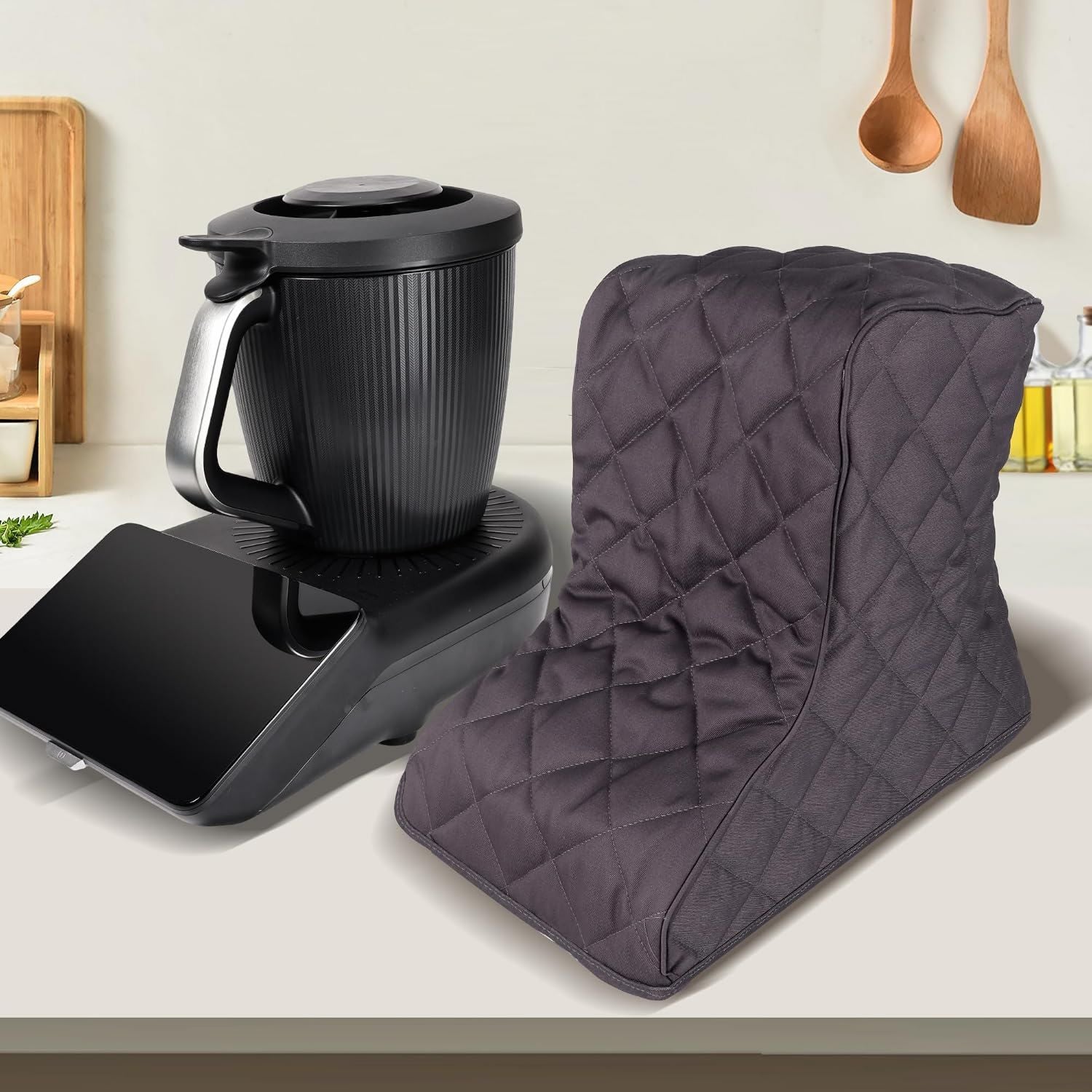 Hochwertige Premium geeignet fuer Thermomix TM7 Graue Wattierte Canvas Huelle ausgestattet mit Rueckenzip Antibakteriell Wasserdicht Staubschutzabdeckung Abdeckhaube Staubhaube tasche Variante 976