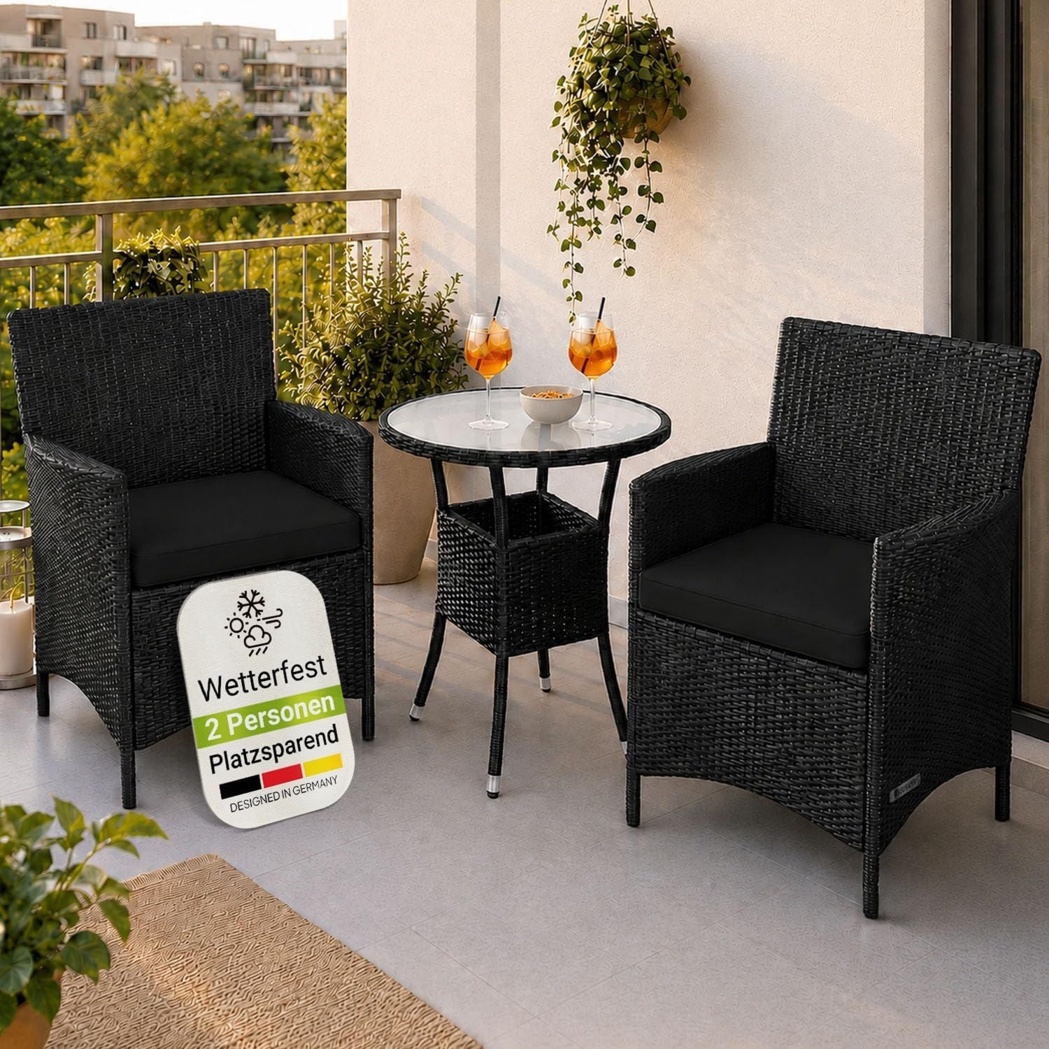 Hochwertige Polyrattan Balkon Set 2 Personen ausgestattet mit Glasplatte 2 Stuehlen Wetterfeste Balkonmoebel Auflagen waschbar schwarz grau Variante 9