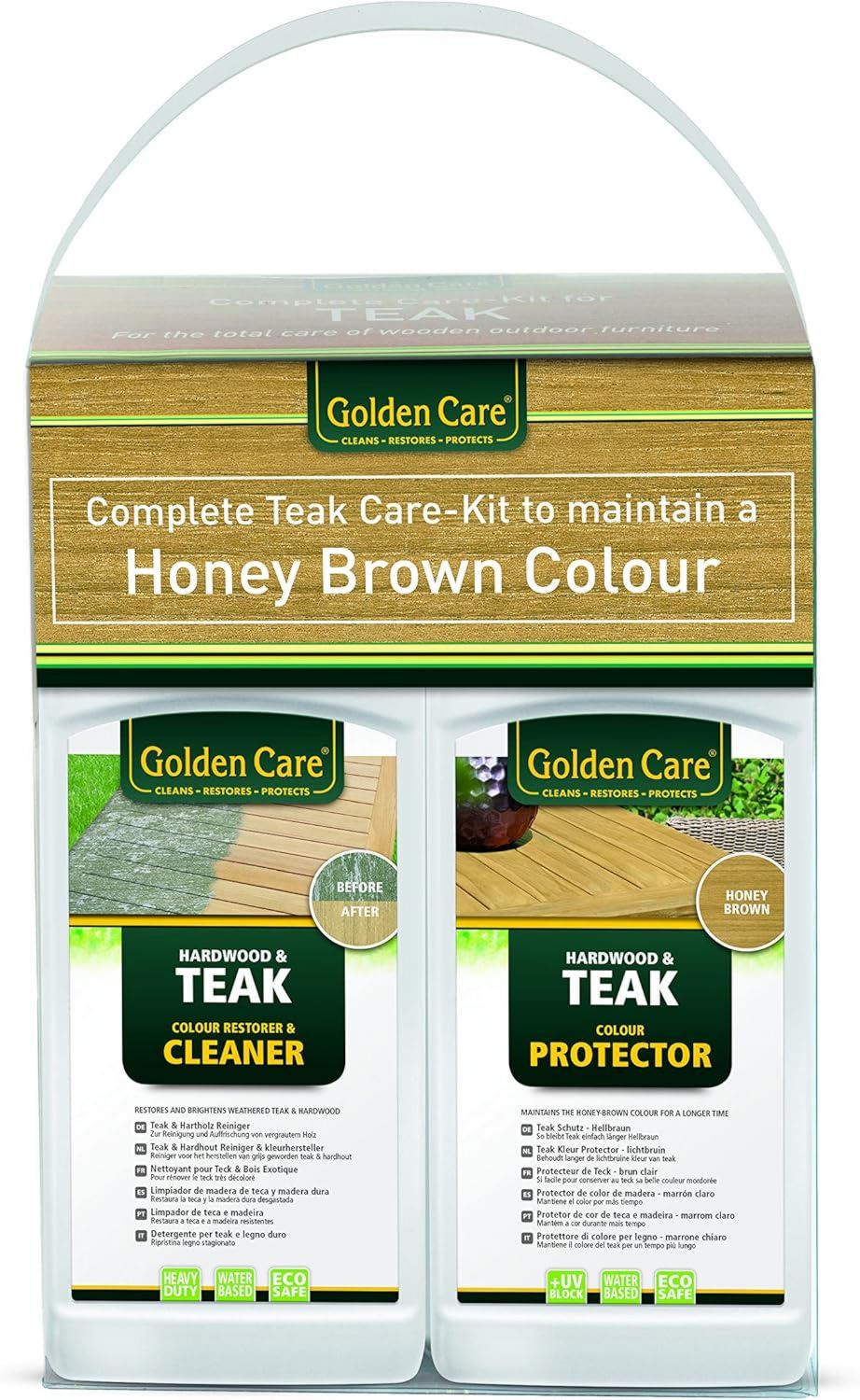 Hochwertige Golden Care Teak Holzpflegeset 8 teilig inkl Cleaner Protector Reiniger geeignet fuer Gartenmoebel Outdoormoebel inkl Zubehoer 60006 1 Stueck 1er Pack Variante 503