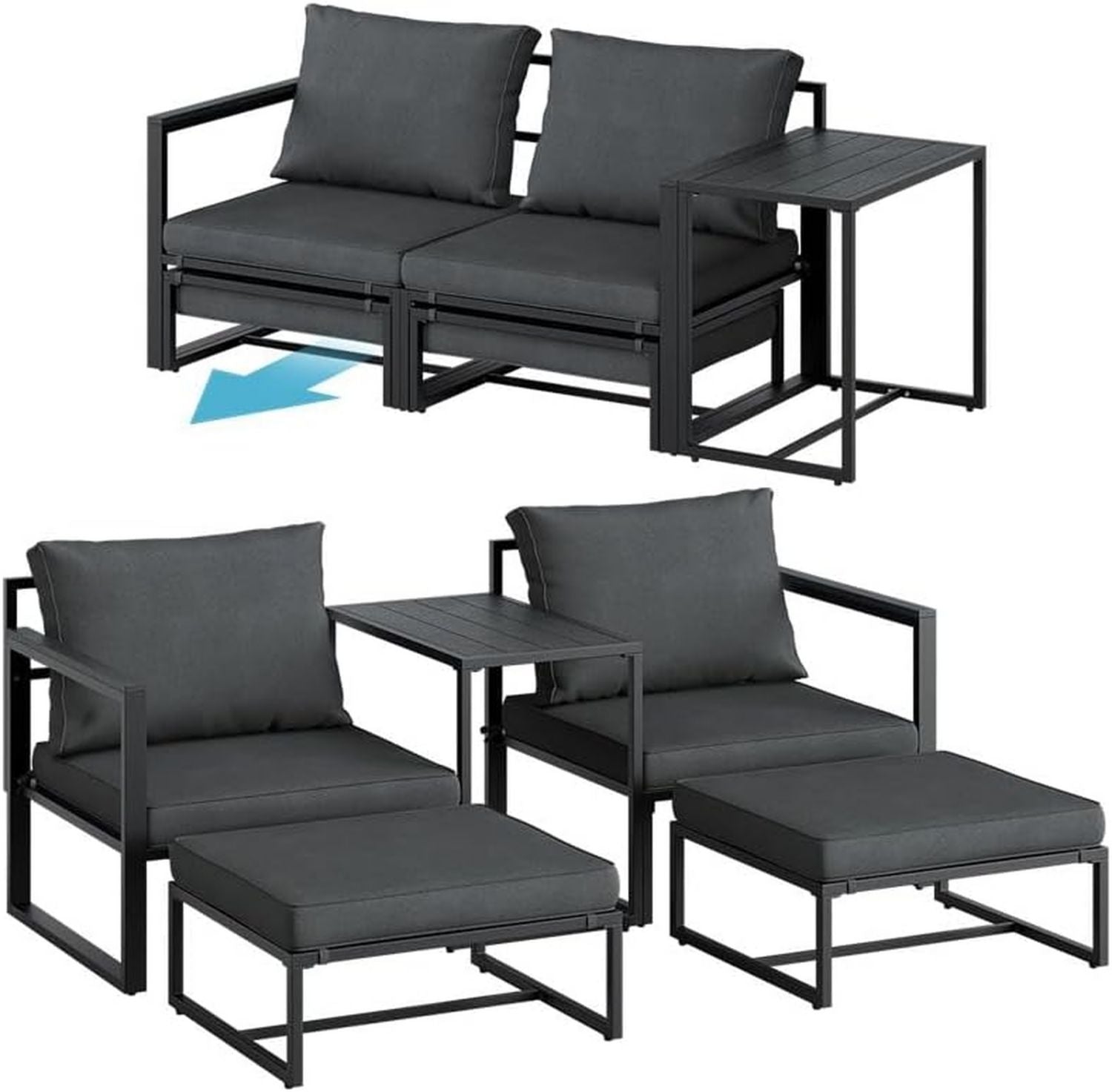 Hochwertige GartenmoebelSet 5 teilig Gartenmoebel Set ausgestattet mit 2 Sessel 2 Hocker 1 BalkonmoebelSet Metallgestell schwarz inkl Sitzpolster anthrazit TerrassenmoebelSet geeignet fuer 2 bis 4 Personen wetterbestaendig Variante 1
