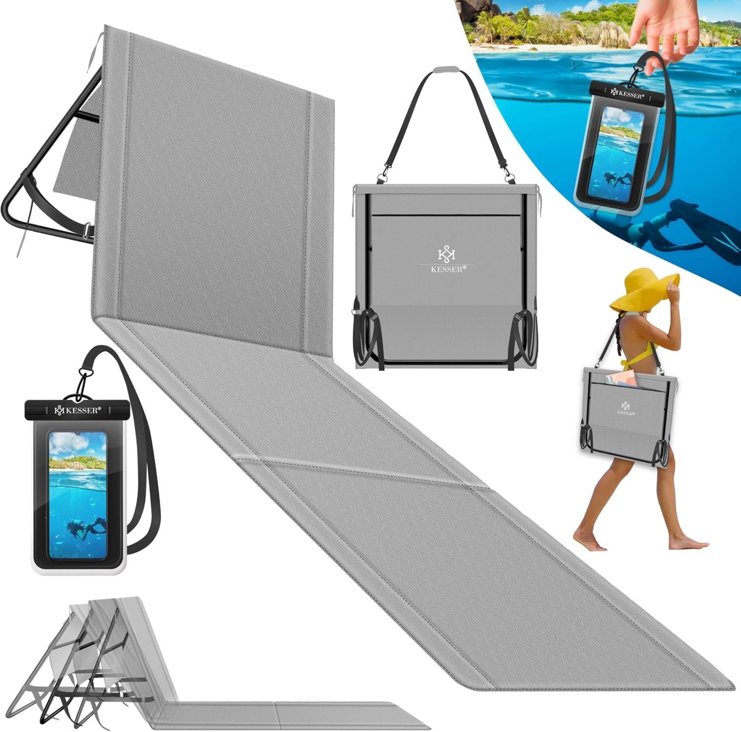 Hochwertige KESSER Klappbare Strandmatte ausgestattet mit Verstellbarer Rueckenlehne Faltbare Strandliege mit Tragegurt wasserdichter Tasche Aufbewahrung Sonnenliege geeignet fuer Strand Terrasse 130 kg belastbar Variante 76