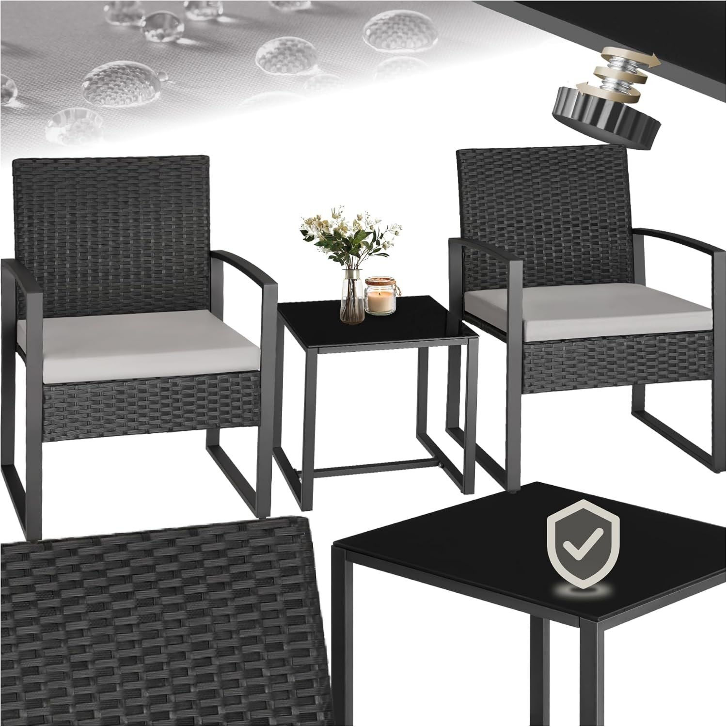 Hochwertige tectake GartenmoebelSet 2X Sitzgelegenheiten ausgestattet mit Balkon Moebel Set Gartenmoebel Balkonmoebel Lounge klein Stuehle mit Polster inkl Gartentisch wetterbestaendig Variante 391