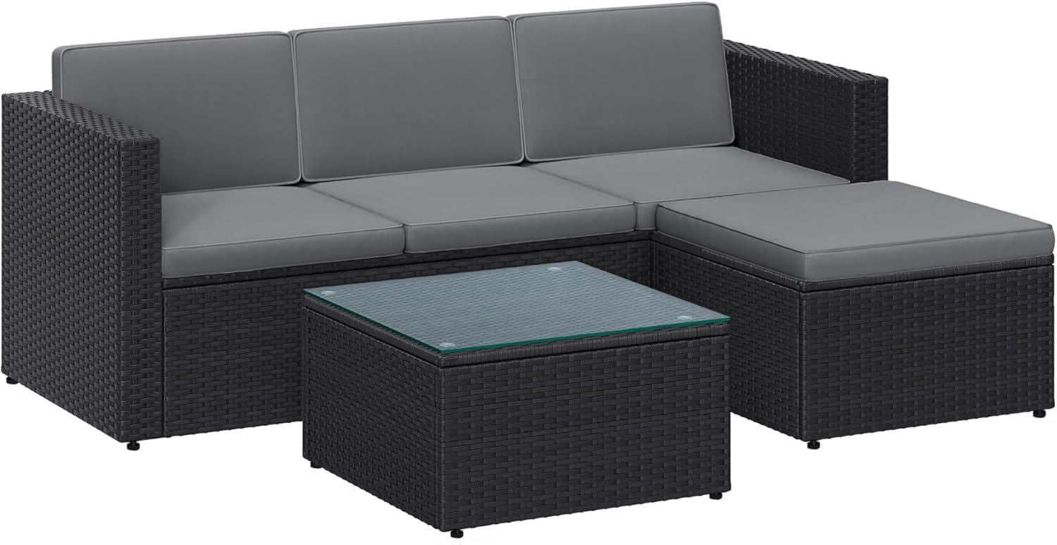 Hochwertige Gartenmoebel Set Balkonmoebel aus PE Polyrattan Terrassenmoebel Ecksofa handgeflochtenes Lounge Set ausgestattet mit Kissen und Glastisch schwarz grau GGF005B04 Variante 30