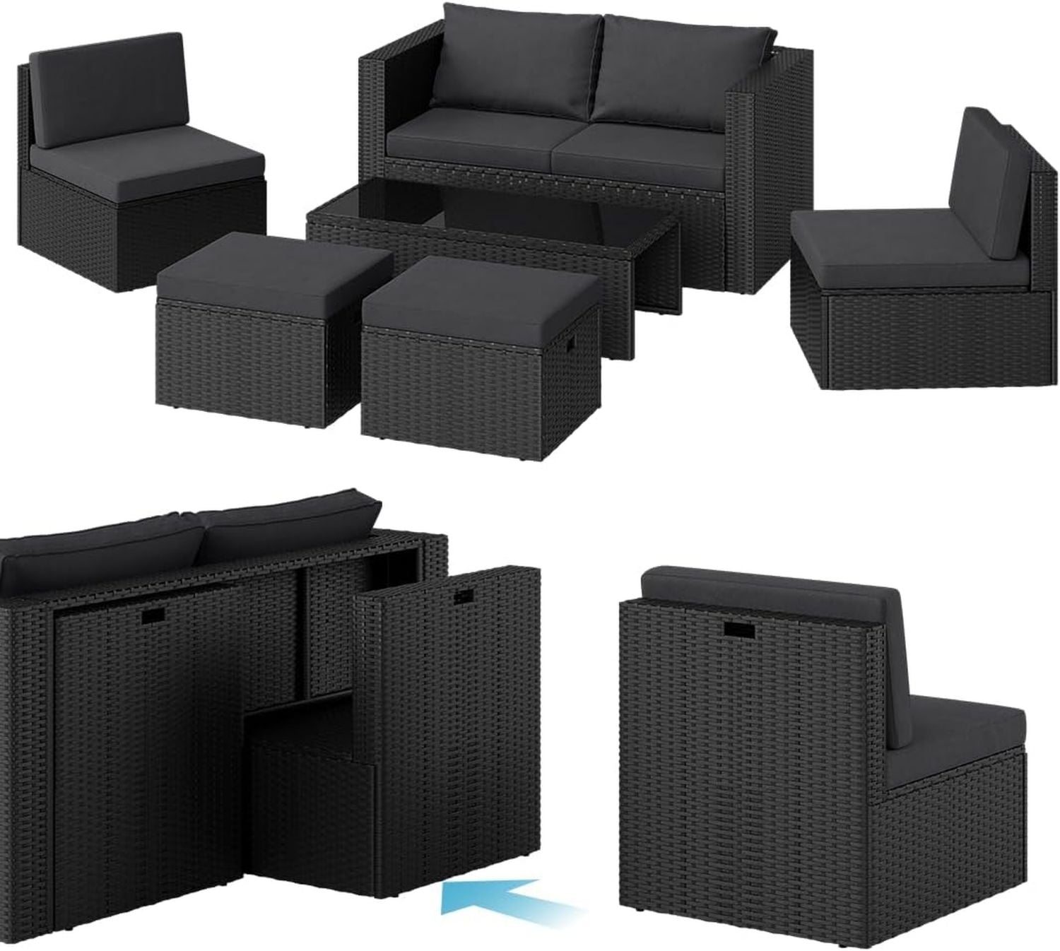 Hochwertige Noctura Gartenmoebel Set 6 TLG Gartenlounge ausgestattet mit Sofa Armstuehle Fussfusshocker TerrassenmoebelSet schwarz anthrazit Balkon Terasse Sitzgarnitur Set Metallgestell geeignet fuer den Ausseneinsatz geeignet Variante 74